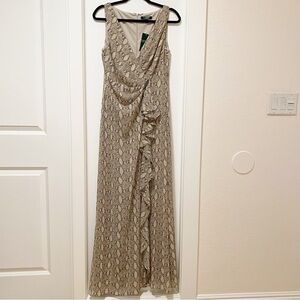 Lauren Ralph Lauren Maxi Dress Georgette Sheer Gown Grey Tan Snake Evening NEW